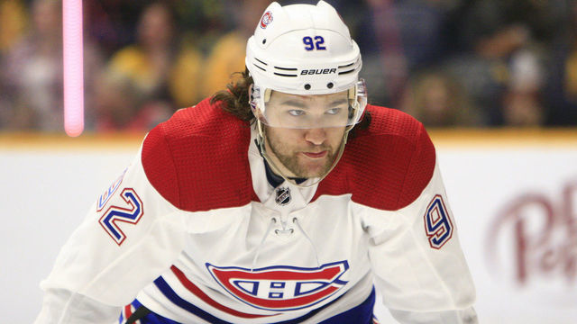 NASHVILLE, TN - FEBRUARY 14: Montreal Canadiens winger Jonathan Drouin (92) is shown during the NHL game between the Nashville Predators and Montreal Canadiens, held on February 14, 2019, at Bridgestone Arena in Nashville, Tennessee.