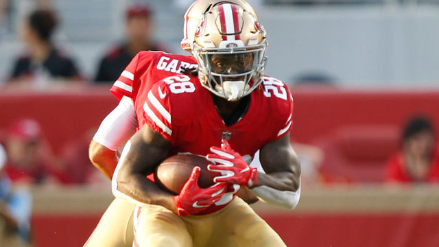SANTA CLARA, CA - AUGUST 9: Jerick McKinnon #28 of the San Francisco 49ers rushes during the game against the Dallas Cowboys at Levi Stadium on August 9, 2018 in Santa Clara, California. The 49ers defeated the Cowboys 24-21.