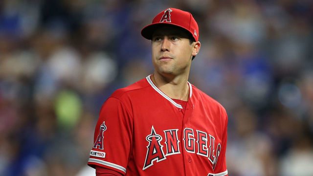 KANSAS CITY, MO - APRIL 26: Los Angeles Angels starting pitcher Tyler Skaggs looks to the video board as he leaves the game in the sixth inning of an MLB game between the Los Angeles Angels and Kansas City Royals on April 26, 2019 at Kauffman Stadium in Kansas City, MO.