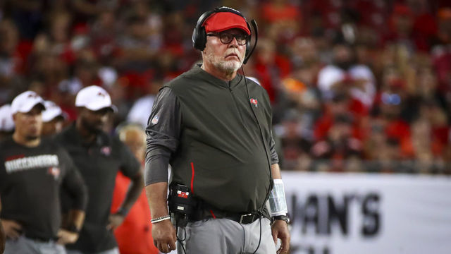 TAMPA, FL - AUGUST 23: Head coach Bruce Arians of the Tampa Bay Buccaneers on the sideline during the second quarter of the preseason game against the Cleveland Browns at Raymond James Stadium on August 23, 2019 in Tampa, Florida.
