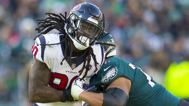 PHILADELPHIA, PA - DECEMBER 23: Jadeveon Clowney #90 of the Houston Texans rushes the passer against Halapoulivaati Vaitai #72 of the Philadelphia Eagles at Lincoln Financial Field on December 23, 2018 in Philadelphia, Pennsylvania. The Eagles defeated the Texans 32-30.