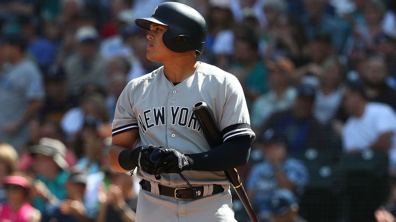 SEATTLE, WASHINGTON - AUGUST 28: Gio Urshela #29 of the New York Yankees reacts after striking out to end the fourth inning against the Seattle Mariners during their game at T-Mobile Park on August 28, 2019 in Seattle, Washington.