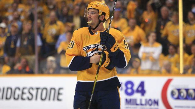 NASHVILLE, TN - APRIL 10: Nashville Predators defenseman Roman Josi (59) is shown during Game One of Round One of the Stanley Cup Playoffs between the Nashville Predators and Dallas Stars, held on April 10, 2019, at Bridgestone Arena in Nashville, Tennessee.