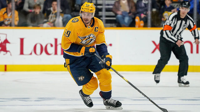 NASHVILLE, TN - APRIL 20: Roman Josi #59 of the Nashville Predators skates against the Dallas Stars in Game Five of the Western Conference First Round during the 2019 NHL Stanley Cup Playoffs at Bridgestone Arena on April 20, 2019 in Nashville, Tennessee.
