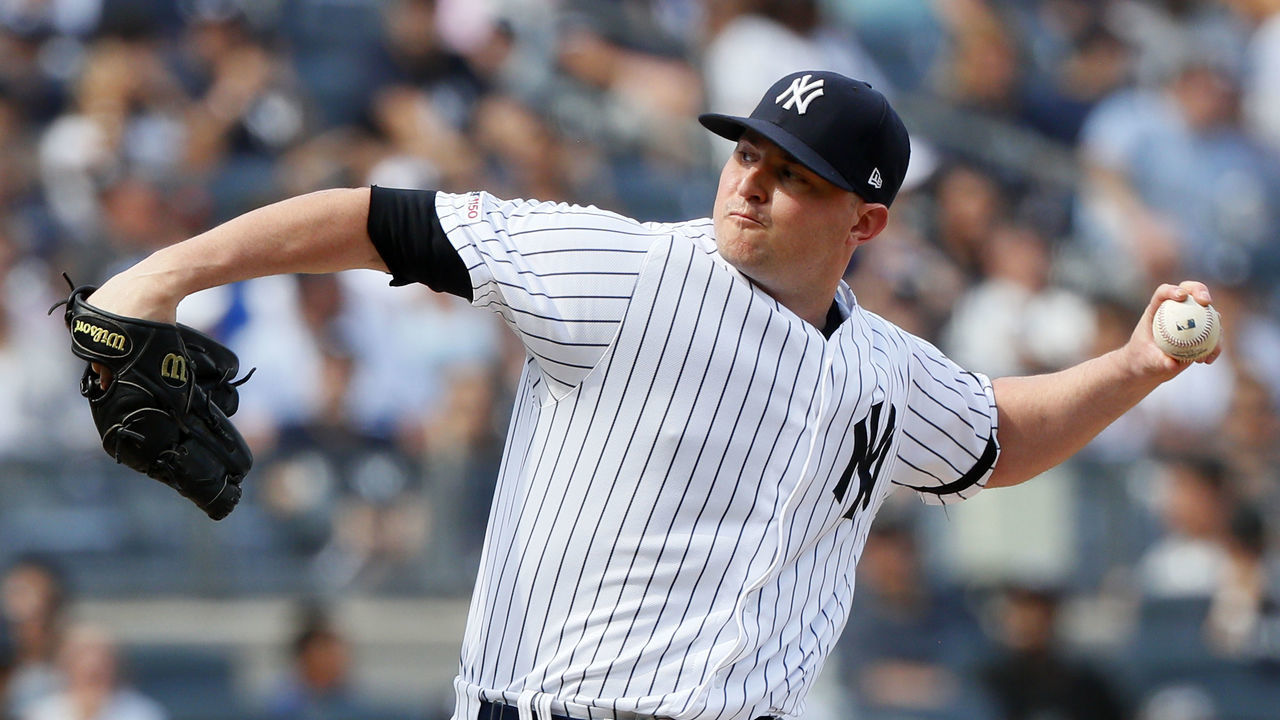 NEW YORK, NY - AUGUST 17: Pitcher Zack Britton #53 of the New York Yankees pitches in relief in an MLB baseball game against the Cleveland Indians at Yankee Stadium in the Bronx borough of New York City on August 17, 2019. Yankees won 6-5.