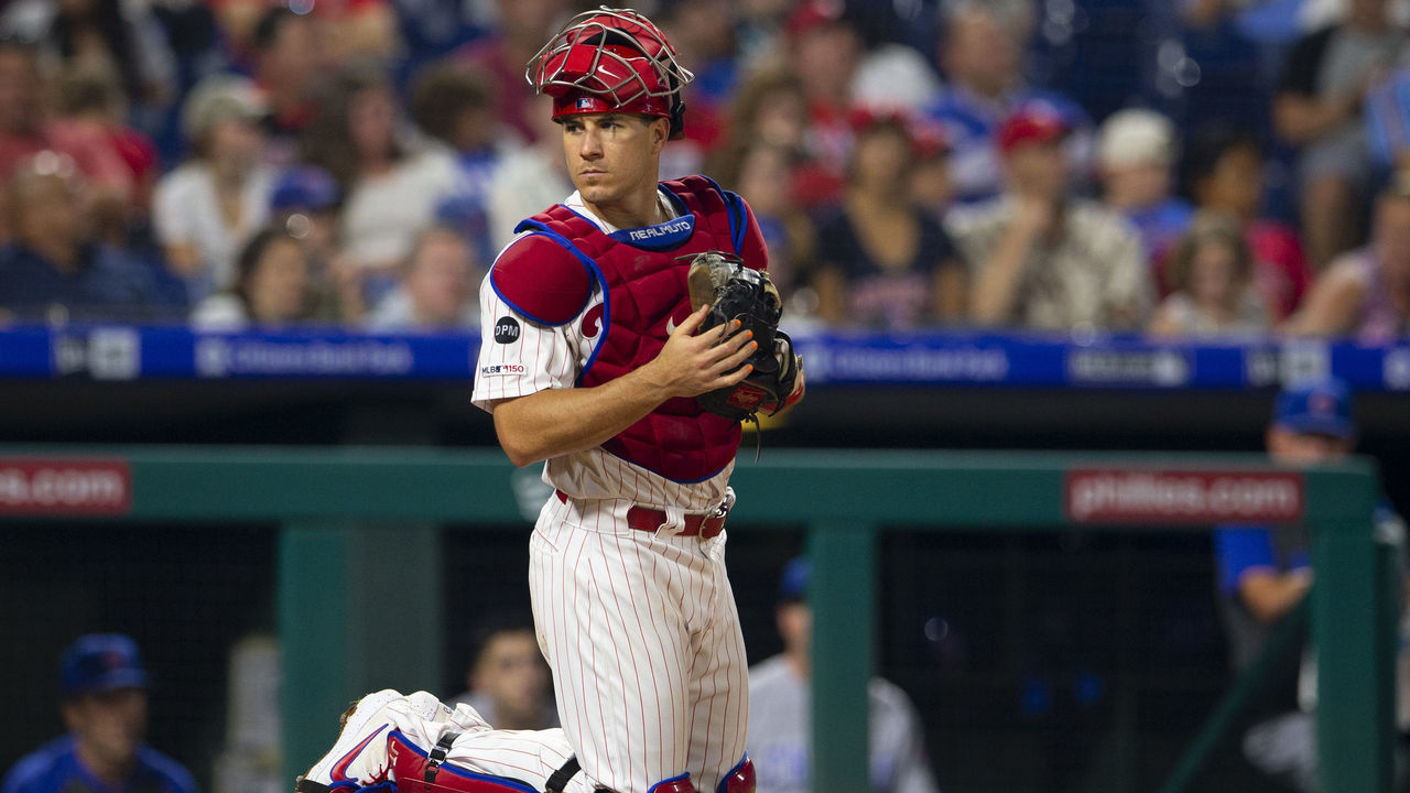 PHILADELPHIA, PA - AUGUST 14: J.T. Realmuto #10 of the Philadelphia Phillies looks on against the Chicago Cubs at Citizens Bank Park on August 14, 2019 in Philadelphia, Pennsylvania. The Phillies defeated the Cubs 11-1.