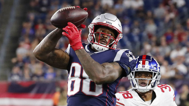 FOXBOROUGH, MA - AUGUST 29: New England Patriots wide receiver Demaryius Thomas (88) hauls in a pass in front go New York Giants cornerback Henre Toliver (38) during a game between the New England Patriots and the New York Giants on August 29, 2019, at Gillette Stadium in Foxborough, Massachusetts.