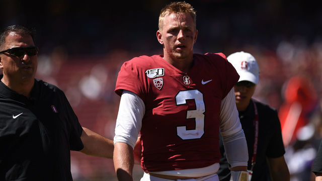 PALO ALTO, CA - AUGUST 31: Stanford Cardinal quarterback K.J. Costello (3) leaves the field with an injury during the college football game between the Northwestern Wildcats and the Stanford Cardinal at Stanford Stadium on August 31, 2019 in Palo Alto, CA.