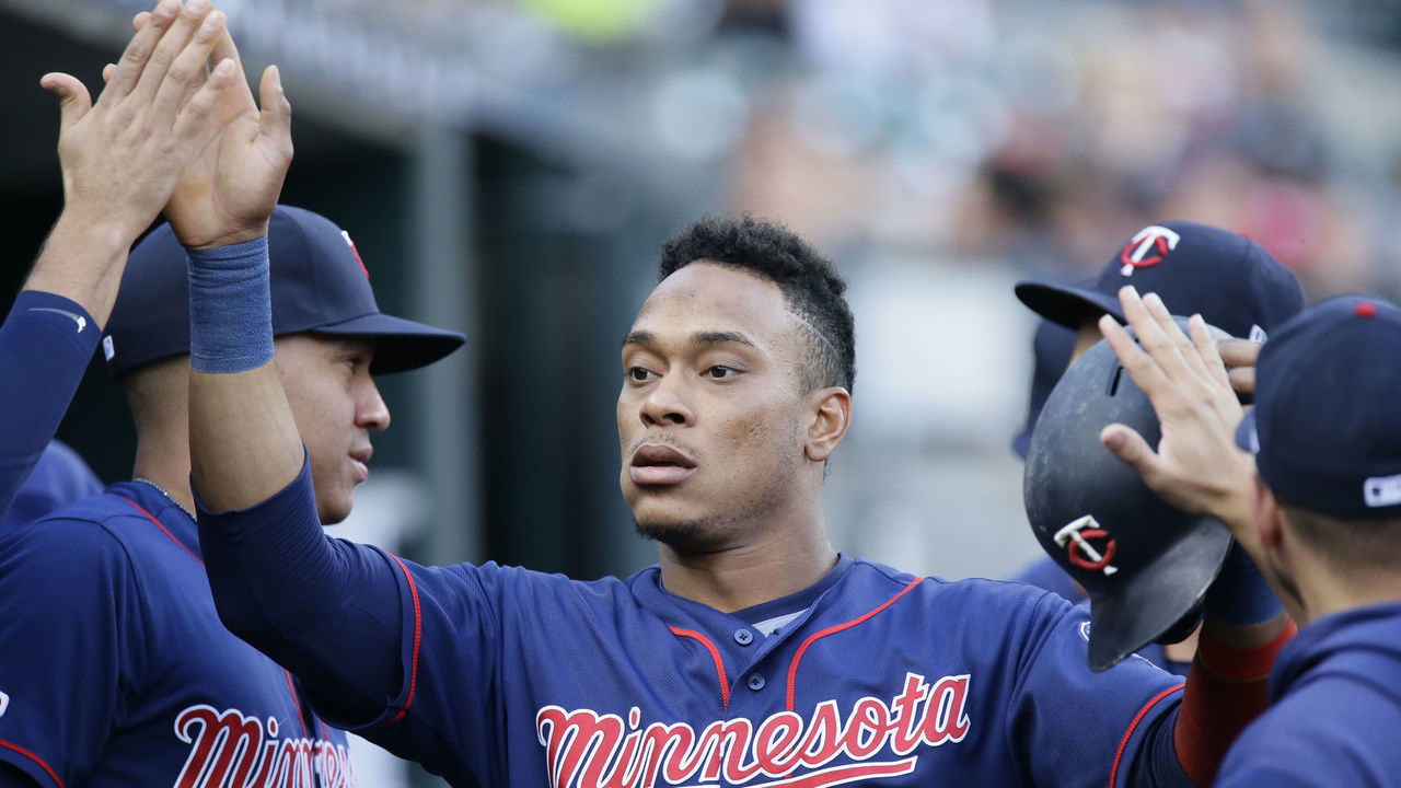 DETROIT, MI - AUGUST 30: Shortstop Jorge Polanco #11 of the Minnesota Twins celebrates after scoring against the Detroit Tigers on a single by Eddie Rosario #20 during the first inning at Comerica Park on August 30, 2019 in Detroit, Michigan.