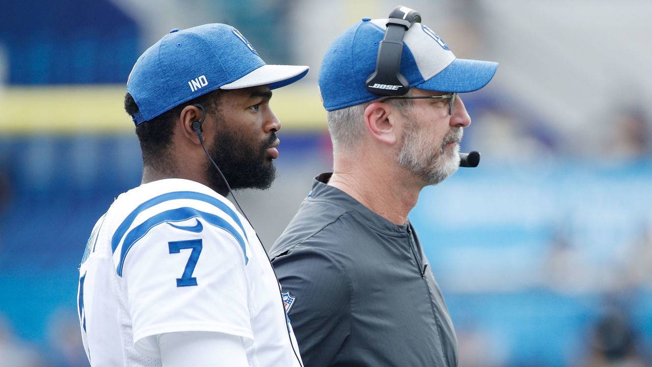 JACKSONVILLE, FL - DECEMBER 02: Head coach Frank Reich and Jacoby Brissett #7 of the Indianapolis Colts wait on the field during their game against the Jacksonville Jaguars at TIAA Bank Field on December 2, 2018 in Jacksonville, Florida.