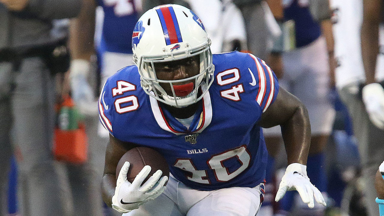 CHARLOTTE, NC - AUGUST 16: Devin Singletary (40) running back of Buffalo looks for running room during a preseason NFL football game between the Buffalo Bills and the Carolina Panthers on August 16 , 2019,at Bank of America Stadium in Charlotte, N.C.