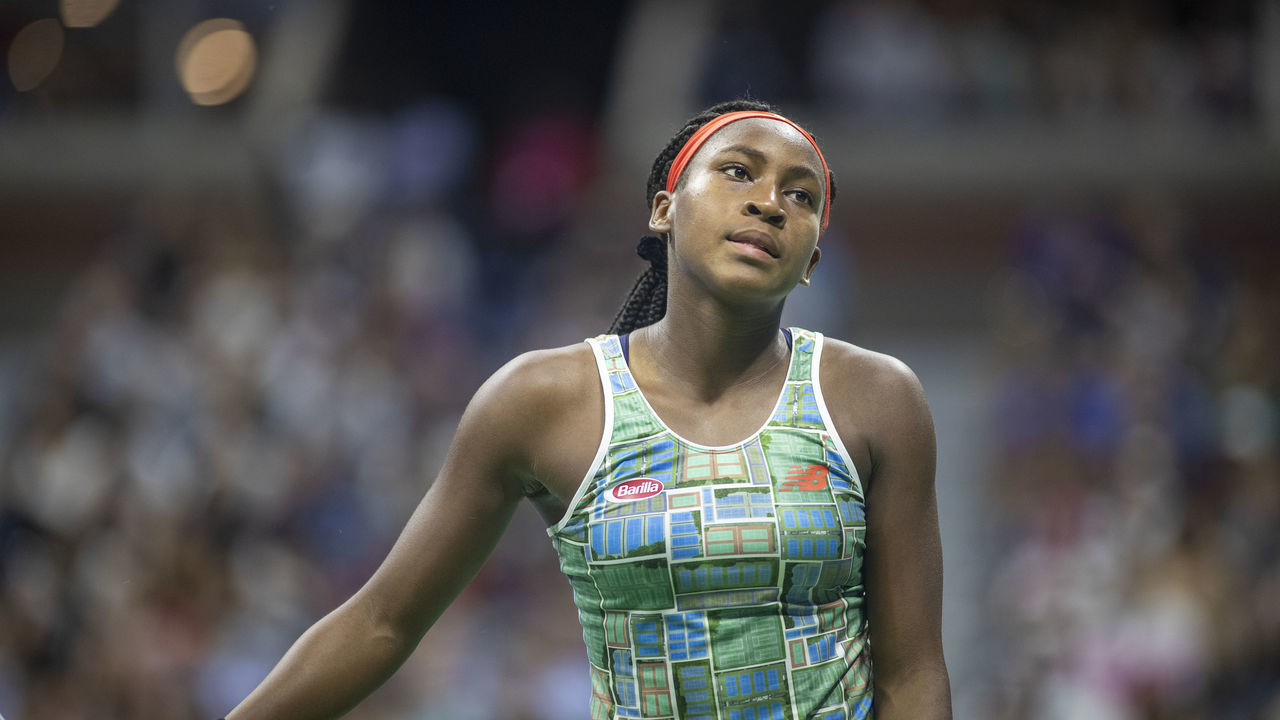 2019 US Open Tennis Tournament- Day Six. Coco Gauff of the United States reacts during her match against Naomi Osaka of Japan in the Women's Singles Round three match on Arthur Ashe Stadium during the 2019 US Open Tennis Tournament at the USTA Billie Jean King National Tennis Center on August 31st, 2019 in Flushing, Queens, New York City.