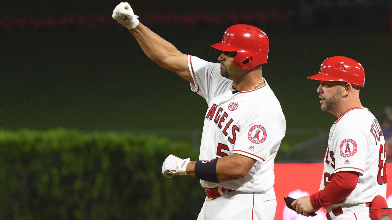 ANAHEIM, CA - AUGUST 30: Los Angeles Angels first baseman Albert Pujols (5) celebrates a two rbi single during a MLB game between the Boston Red Sox and the Los Angeles Angels of Anaheim on August 30, 2019 at Angel Stadium of Anaheim in Anaheim, CA.