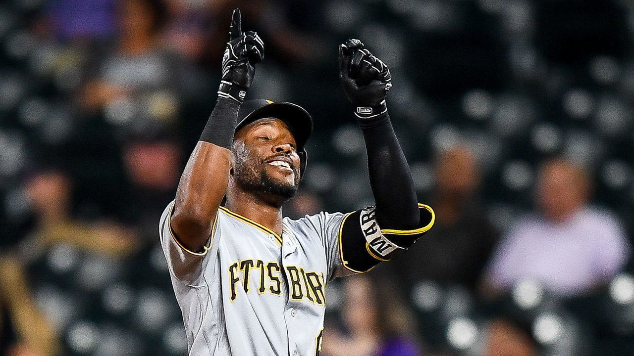 DENVER, CO - AUGUST 31: Starling Marte #6 of the Pittsburgh Pirates celebrates after a ninth inning run-scoring single against the Colorado Rockies at Coors Field on August 31, 2019 in Denver, Colorado.