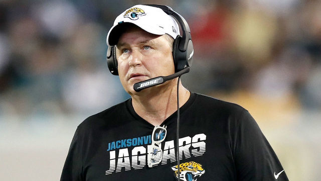 JACKSONVILLE, FLORIDA - AUGUST 15: Head coach Doug Marrone of the Jacksonville Jaguars looks on during the second quarter of a preseason game against the Philadelphia Eagles at TIAA Bank Field on August 15, 2019 in Jacksonville, Florida.