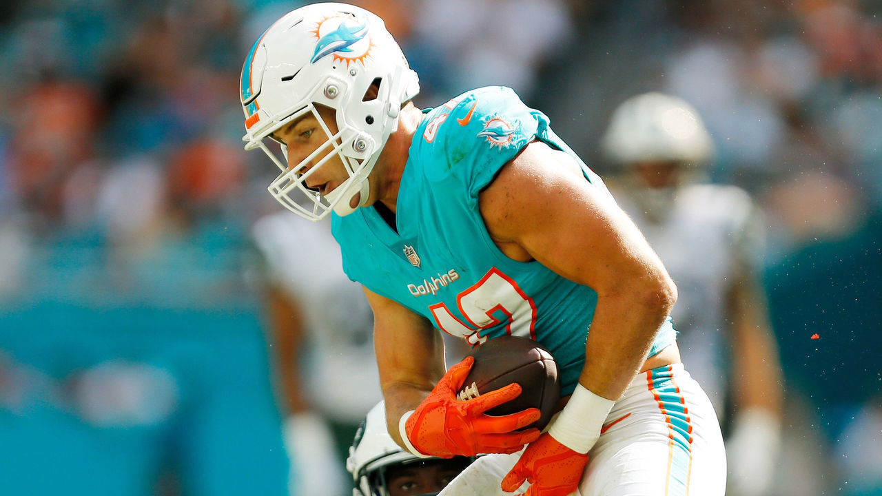 MIAMI, FL - NOVEMBER 04: Kiko Alonso #47 of the Miami Dolphins intercepts a pass thrown by Sam Darnold #14 of the New York Jets in the first quarter of their game at Hard Rock Stadium on November 4, 2018 in Miami, Florida.