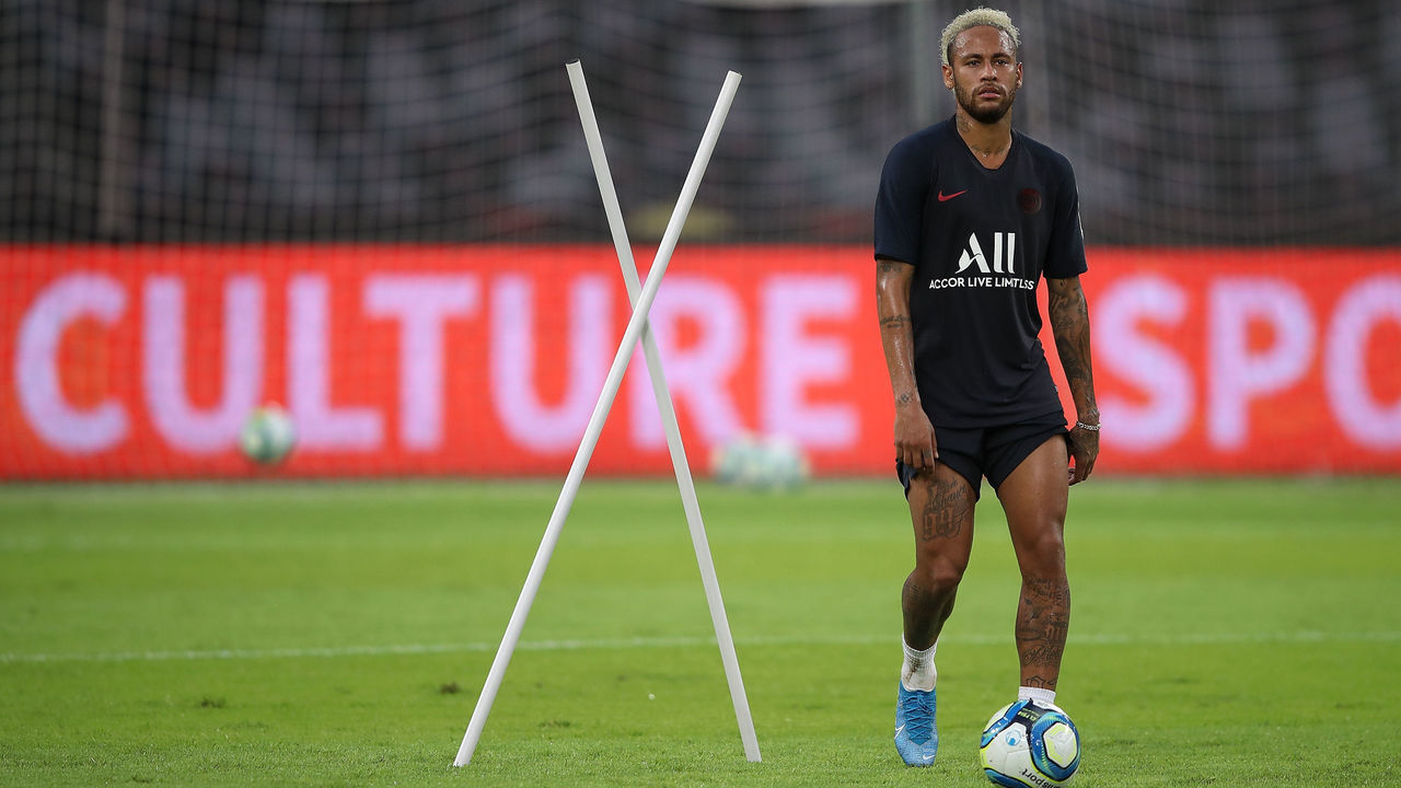 SHENZHEN, CHINA - AUGUST 02: Neymar Jr of Paris Saint-Germain looks during the training session ahead of the French Trophy of Champions football match between Rennes and Paris Saint-Germain at Shenzhen Universiadg Sports Center stadium on August 2, 2019 in Shenzhen, China.