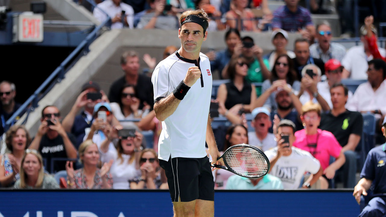 NEW YORK, NEW YORK - SEPTEMBER 01: Roger Federer of Switzerland celebrates winning his Men's Singles fourth round match against David Goffin of Belgium on day seven of the 2019 US Open at the USTA Billie Jean King National Tennis Center on September 01, 2019 in Queens borough of New York City.