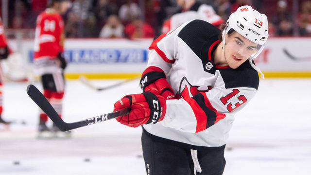 CHICAGO, IL - FEBRUARY 14: New Jersey Devils center Nico Hischier (13) warms up prior to a game against the Chicago Blackhawks on February 14, 2019, at the United Center in Chicago, IL.