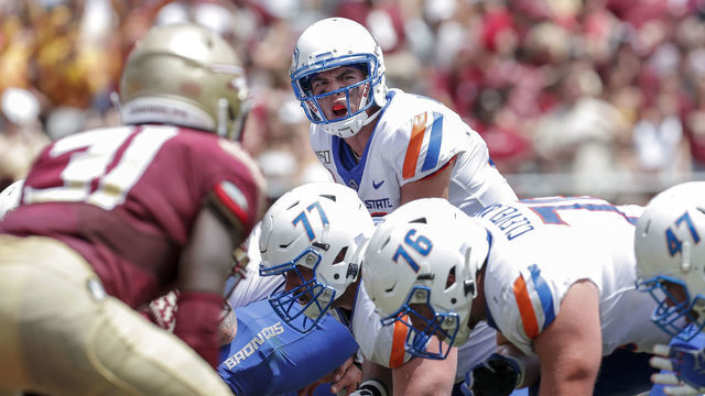 TALLAHASSEE, FL - AUGUST 31: Quarterback Hank Bachmeier #19 of the Boise State Broncos calls a play at the line of scrimmage during the game against the Florida State Seminoles at Doak Campbell Stadium on Bobby Bowden Field on August 31, 2019 in Tallahassee, Florida. Boise State defeated Florida State 36 to 31.