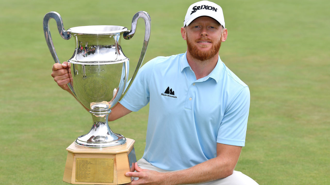 CRANS-MONTANA, SWITZERLAND - SEPTEMBER 01: Sebastian Soderberg of Sweden poses with the trophy following his victory in the play off during Day Four of the Omega European Masters at Crans Montana Golf Club on September 01, 2019 in Crans-Montana, Switzerland.