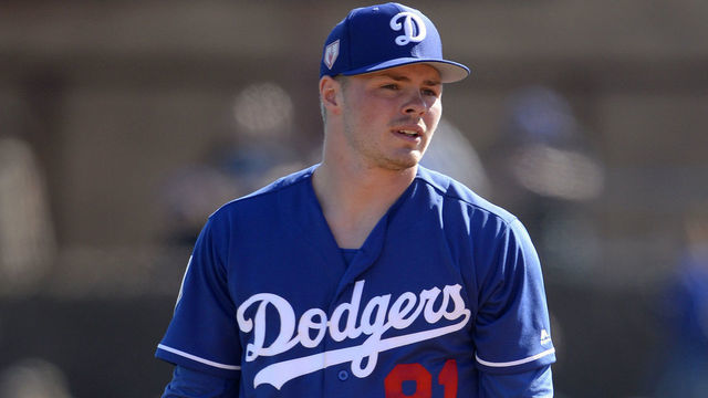 GLENDALE, ARIZONA - FEBRUARY 23: Gavin Lux #81 of the Los Angeles Dodgers looks on against the Chicago White Sox on February 23, 2019 at Camelback Ranch in Glendale Arizona.