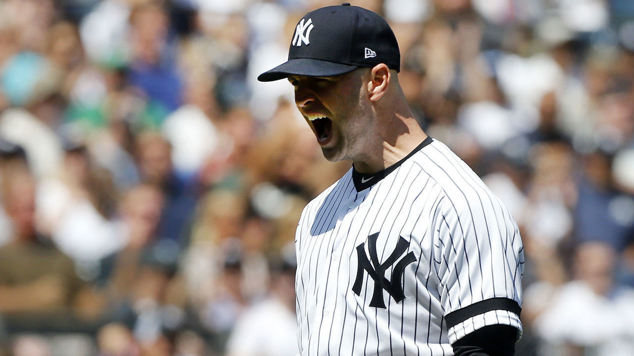 NEW YORK, NEW YORK - SEPTEMBER 01: J.A. Happ #34 of the New York Yankees reacts after a double play ended the second inning against the Oakland Athletics at Yankee Stadium on September 01, 2019 in New York City.