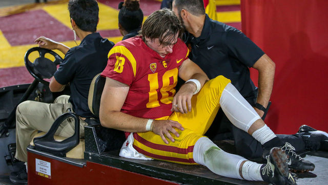 LOS ANGELES, CA - AUGUST 31: USC Trojans quarterback JT Daniels (18) is carted off the field at halftime in a college football game between the Fresno State Bulldogs and the USC Trojans on August 31, 2019, at the Los Angeles Memorial Coliseum in Los Angeles, CA