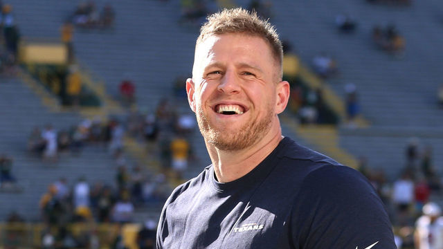 GREEN BAY, WI - AUGUST 08: Houston Texans defensive end J.J. Watt (99) is all smiles prior to a game between the Green Bay Packers and the Houston Texans at Lambeau Field on August 8, 2019 in Green Bay, WI.
