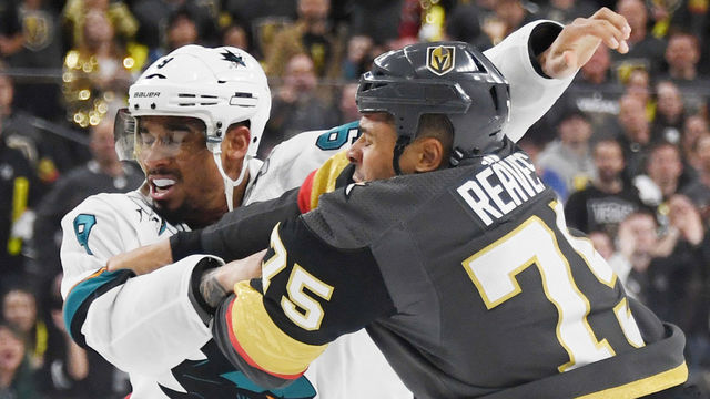 LAS VEGAS, NEVADA - APRIL 14: Evander Kane #9 of the San Jose Sharks and Ryan Reaves #75 of the Vegas Golden Knights fight in the third period of Game Three of the Western Conference First Round during the 2019 NHL Stanley Cup Playoffs at T-Mobile Arena on April 14, 2019 in Las Vegas, Nevada. The Golden Knights defeated the Sharks 6-3 to take a 2-1 lead in the series.