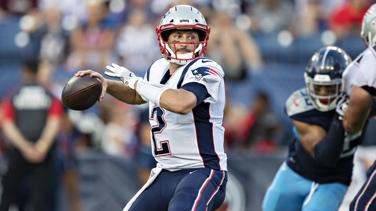NASHVILLE, TN - AUGUST 17: Brian Hoyer #2 of the New England Patriots throws a pass during a game against the Tennessee Titans during week two of the preseason at Nissan Stadium on August 17, 2019 in Nashville, Tennessee. The Patriots defeated the Titans 22-17.