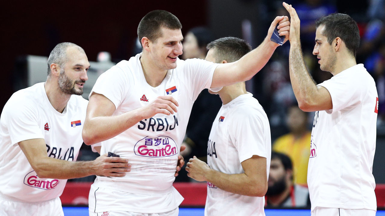FOSHAN, CHINA - SEPTEMBER 02: #15 Nikola Jokic, #5 Marko Simonovic, #7 Bogdan Bogdanovic and #8 Nemmanja Bjelica of the Serbia National Team react during the match against the Philippines National Team during the 1st round of 2019 FIBA World Cup at GBA International Sports and Cultural Center on September 02, 2019 in Foshan, China.
