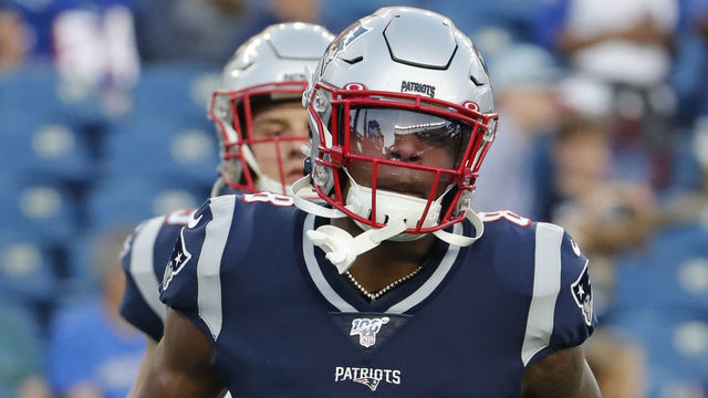 FOXBOROUGH, MA - AUGUST 29: New England Patriots wide receiver NKeal Harry (8) warms up before a game between the New England Patriots and the New York Giants on August 29, 2019, at Gillette Stadium in Foxborough, Massachusetts.