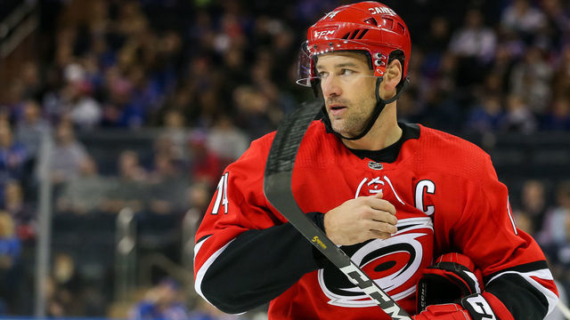 NEW YORK, NY - FEBRUARY 08: Carolina Hurricanes Right Wing Justin Williams (14) is pictured during the National Hockey League game between the Carolina Hurricanes and the New York Rangers on February 8, 2019 at Madison Square Garden in New York, NY.