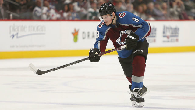 DENVER, CO - APRIL 15: Colorado Avalanche defenseman Cale Makar (8) takes a shot during a Western Conference match-up in the first round of the Stanley Cup Playoffs on April 15, 2019 at the Pepsi Center in Denver, CO.
