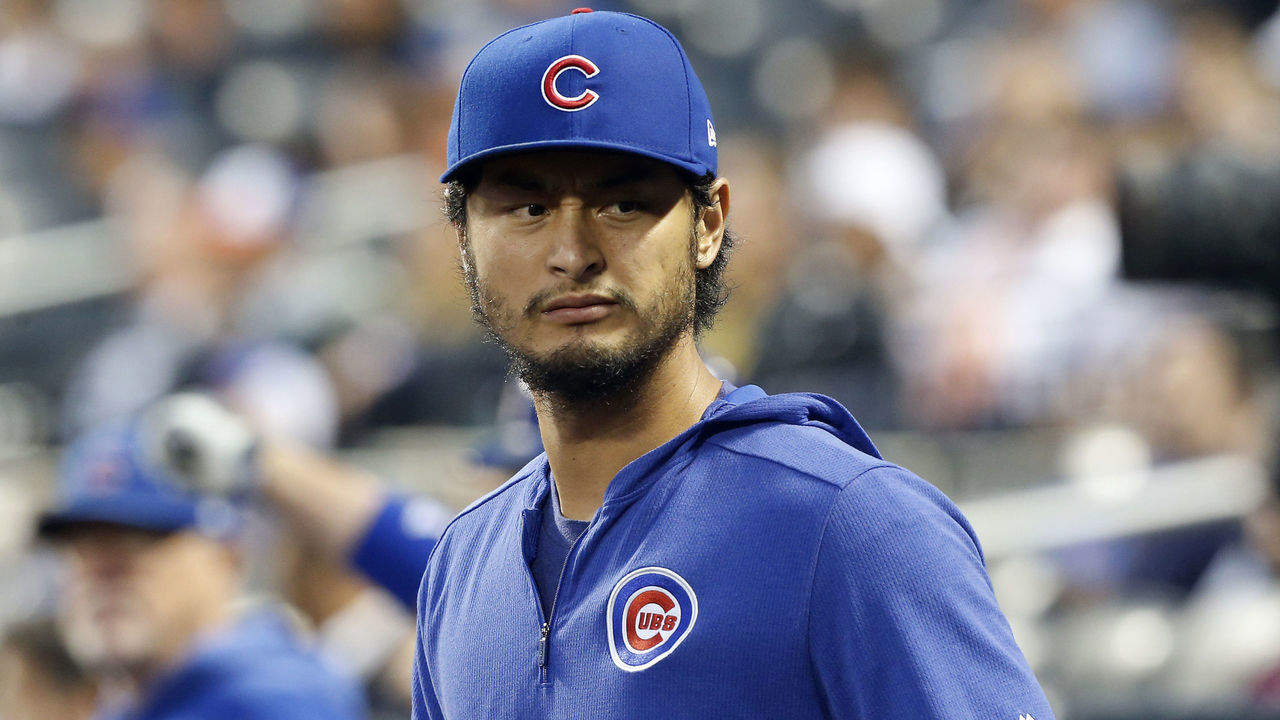 NEW YORK, NEW YORK - AUGUST 28: Yu Darvish #11 of the Chicago Cubs looks on against the New York Mets at Citi Field on August 28, 2019 in New York City. The Cubs defeated the Mets 10-7.