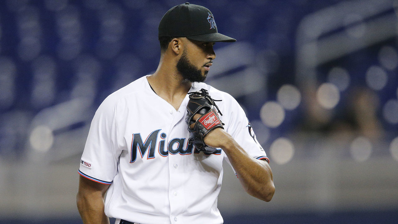 MIAMI, FLORIDA - AUGUST 28: Sandy Alcantara #22 of the Miami Marlins in action against the Cincinnati Reds at Marlins Park on August 28, 2019 in Miami, Florida.