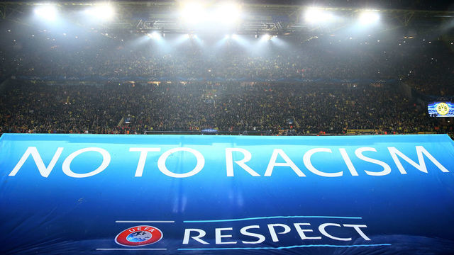 DORTMUND, GERMANY - NOVEMBER 04: The UEFA "No to Racism" banner is displayed prior to kickoff during the UEFA Champions League Group D match between Borussia Dortmund and Galatasaray AS at Signal Iduna Park on November 4, 2014 in Dortmund, Germany.