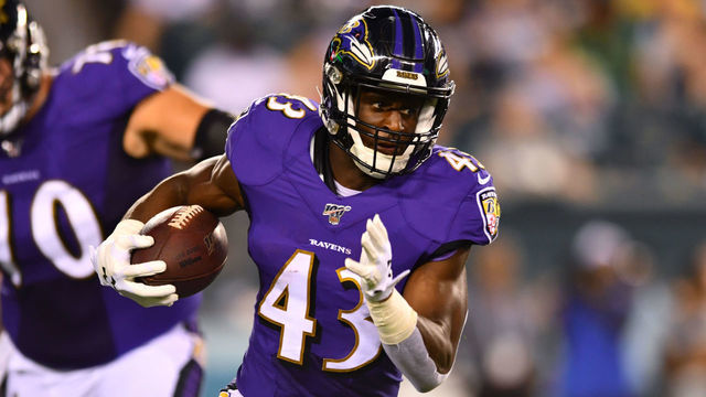 PHILADELPHIA, PA - AUGUST 22: Ravens RB Justice Hill (43) carries the ball in the first half during the Preseason game between the Baltimore Ravens and Philadelphia Eagles on August 22, 2019 at Lincoln Financial Field in Philadelphia, PA.