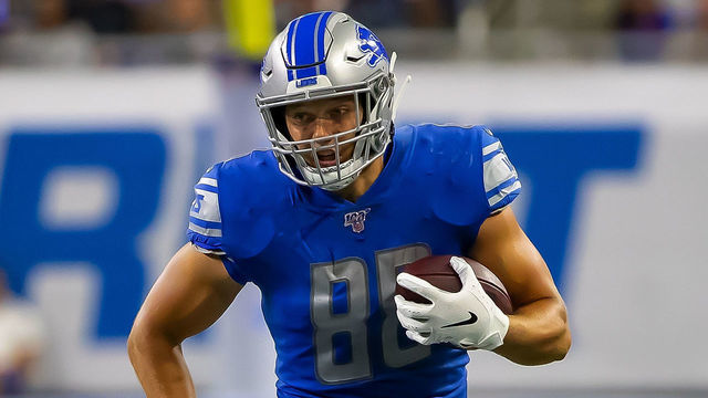 DETROIT, MI - AUGUST 23: T.J. Hockenson #88 of the Detroit Lions runs with the football against the Buffalo Bills during the 1st half of an NFL Pre-season game at Ford Field on August 23, 2019 in Detroit, Michigan. Buffalo defeated Detroit 24-20.