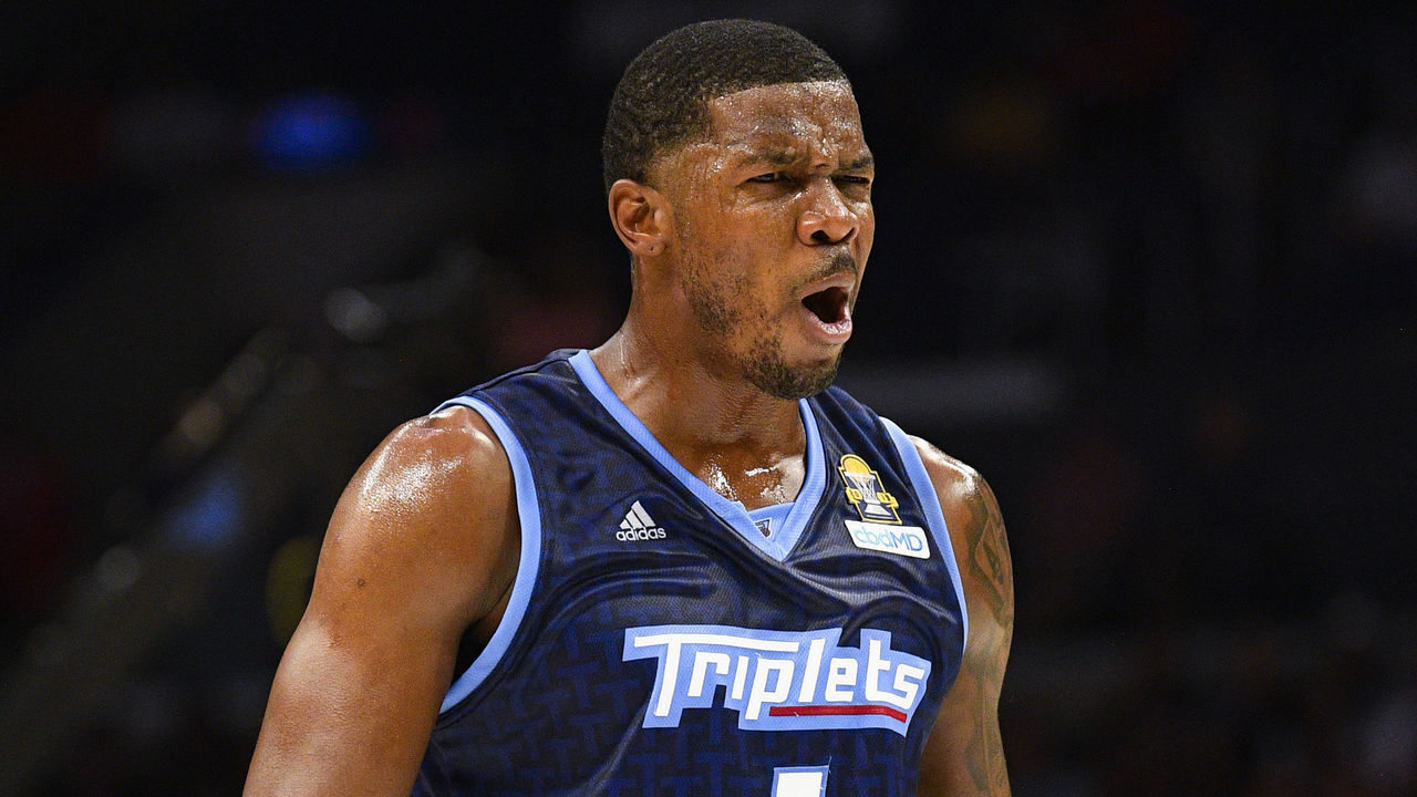 LOS ANGELES, CA - SEPTEMBER 01: Triplets guard Joe Johnson (1) celebrates during the BIG3 championship game between the Triplets and the Killer 3's on September 1, 2019 at the Staples Center in Los Angeles, CA.