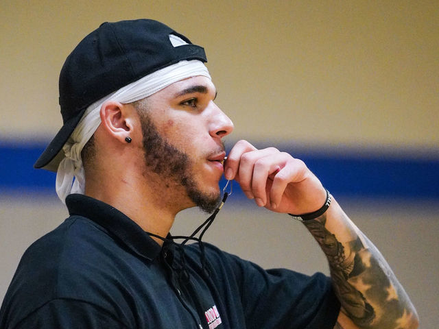 RANCHO CUCAMONGA, CALIFORNIA - AUGUST 11: Lonzo Ball blows his whistle at his first annual basketball camp on August 11, 2019 in Rancho Cucamonga, California.