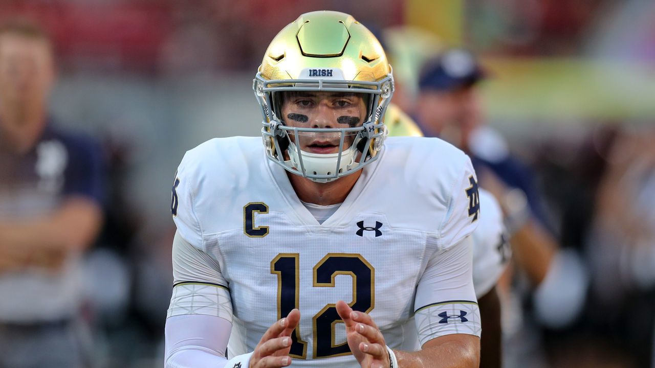 LOUISVILLE, KY - SEPTEMBER 02: Notre Dame Fighting Irish quarterback Ian Book (12) on the field prior to the college football game between the Notre Dame Fighting Irish and Louisville Cardinals on September 2, 2019, at Cardinal Stadium in Louisville, KY.