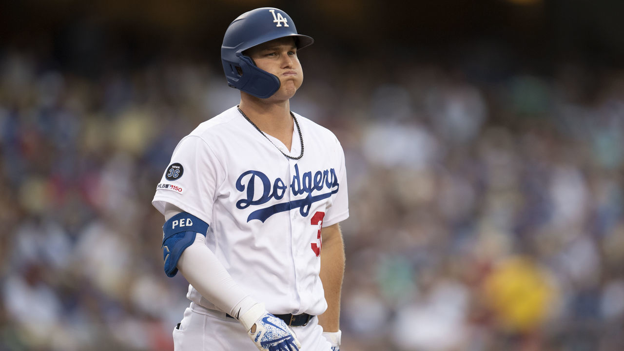 LOS ANGELES, CA - JULY 24: Joc Pederson #31 of the Los Angeles Dodgers reacts after getting struck out during the first inning in a baseball game against the Los Angeles Angels on July 24, 2019 at Dodger Stadium in Los Angeles, CA.