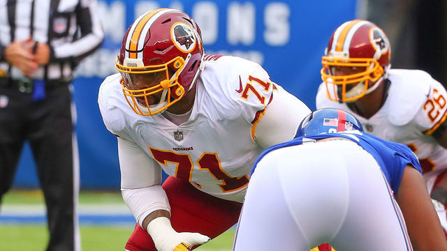 EAST RUTHERFORD, NJ - OCTOBER 28: Washington Redskins offensive tackle Trent Williams (71) during the National Football League game between the Washington Redskins and the New York Giants on October 28, 2018 at Met Life Stadium in East Rutherford, NJ.