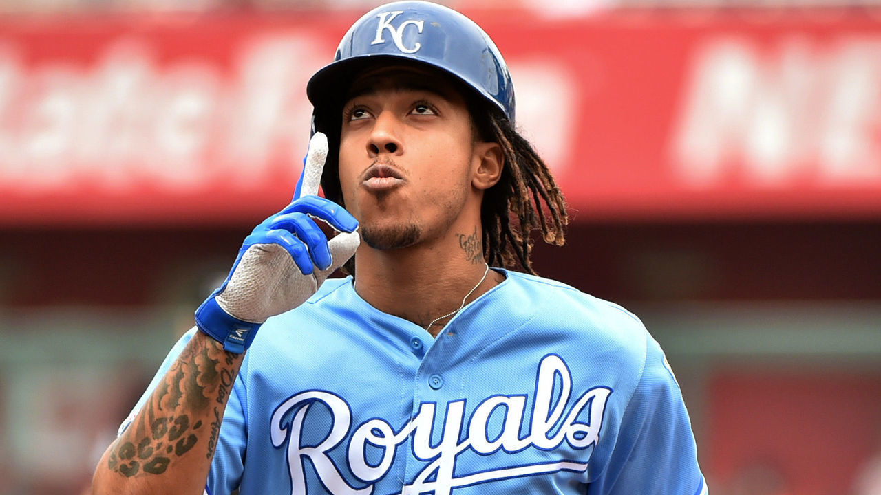 KANSAS CITY, MISSOURI - SEPTEMBER 01: Adalberto Mondesi #27 of the Kansas City Royals celebrates a single in the first inning against the Baltimore Orioles at Kauffman Stadium on September 01, 2019 in Kansas City, Missouri.