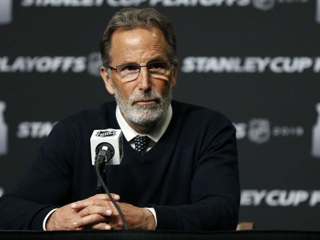 BOSTON, MA - APRIL 25: Columbus Blue Jackets head coach John Tortorella listens to a question after Game 1 of the Second Round 2019 Stanley Cup Playoffs between the Boston Bruins and the Columbus Blue Jackets on April 25, 2019, at TD Garden in Boston, Massachusetts.