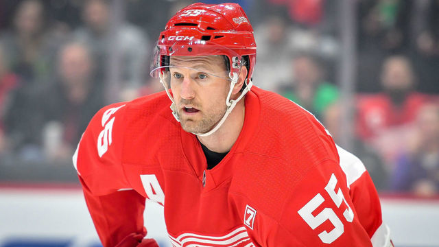 DETROIT, MI - MARCH 16: Detroit Red Wings defenseman Niklas Kronwall (55) waits for the face-off during the Detroit Red Wings game versus the New York Islanders on March 16, 2019, at Little Caesars Arena in Detroit, Michigan.