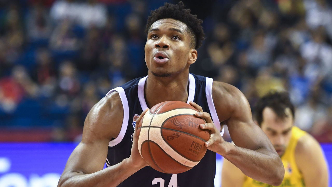 NANJING, CHINA - SEPTEMBER 03: Giannis Antetokounmpo #34 of Greece reacts during FIBA World Cup 2019 Group F match between Brazil and Greece at Gymnasium of Youth Olympic Games Sport Park on September 3, 2019 in Nanjing, Jiangsu Province of China.