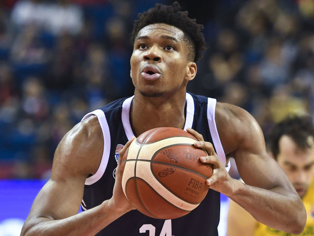 NANJING, CHINA - SEPTEMBER 03: Giannis Antetokounmpo #34 of Greece reacts during FIBA World Cup 2019 Group F match between Brazil and Greece at Gymnasium of Youth Olympic Games Sport Park on September 3, 2019 in Nanjing, Jiangsu Province of China.